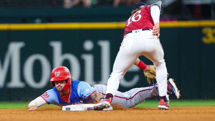 Jul 13, 2024; Arlington, TX, USA;  National League Future outfielder Dylan Crews (3) steals second base ahead of the tag by American League Future infielder Luke Keaschall (16) during the fifth inning during the Major League All-Star Futures game at Globe Life Field. 