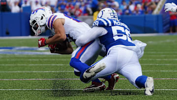 Aug 12, 2023; Orchard Park, New York, USA; Indianapolis Colts linebacker Cameron McGrone (59) tackles Buffalo Bills wide receiver Jalen Wayne (87) after he made a catch during the second half at Highmark Stadium. Mandatory Credit: Gregory Fisher-Imagn Images