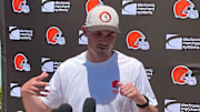 Cleveland Browns pass game specialist and tight ends coach Tommy Rees addresses media June 13 during mandatory minicamp at team headquarters in Berea, Ohio.