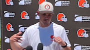 Cleveland Browns pass game specialist and tight ends coach Tommy Rees addresses media June 13 during mandatory minicamp at team headquarters in Berea, Ohio.