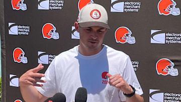 Cleveland Browns pass game specialist and tight ends coach Tommy Rees addresses media June 13 during mandatory minicamp at team headquarters in Berea, Ohio.