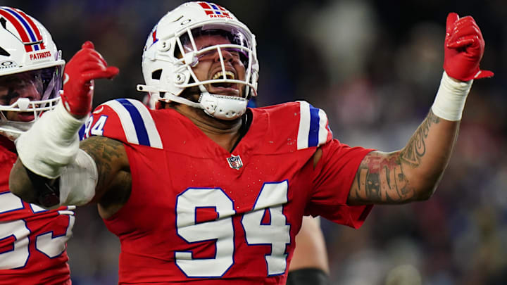 Dec 1, 2025; Foxborough, Massachusetts, USA; New England Patriots defensive tackle Cory Durden (94) celebrates after a play during the fourth quarter against the New York Giants at Gillette Stadium.