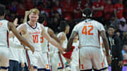 Dec 2, 2023; Piscataway, New Jersey, USA; Illinois Fighting Illini guard Luke Goode (10) celebrates with guard Justin Harmon (4) and forward Dain Dainja (42) during a time out during the first half against the Rutgers Scarlet Knights at Jersey Mike's Arena. Mandatory Credit: Vincent Carchietta-Imagn Images