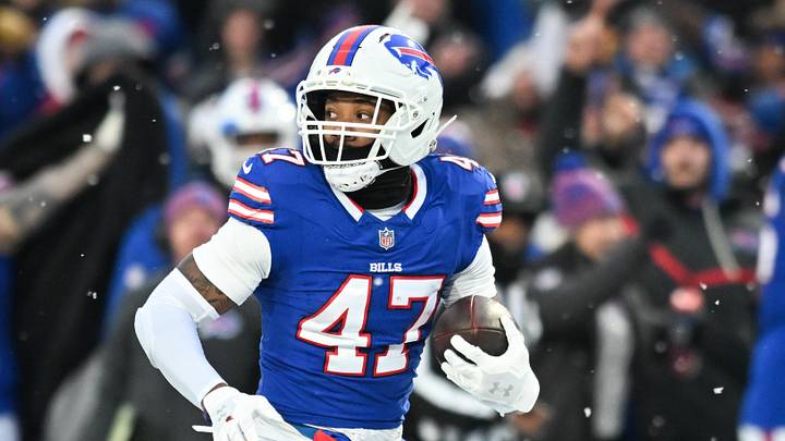 Dec 7, 2025; Orchard Park, New York, USA;  Buffalo Bills cornerback Christian Benford (47) runs the ball for a touchdown after an interception against the Cincinnati Bengals in the fourth quarter at Highmark Stadium. Mandatory Credit: Mark Konezny-Imagn Images