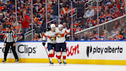 Jun 14, 2025; Edmonton, Alberta, CAN; Florida Panthers forward Brad Marchand (63) celebrates scoring during the third period against the Edmonton Oilers in game five of the 2025 Stanley Cup Final at Rogers Place. Mandatory Credit: Perry Nelson-Imagn Images