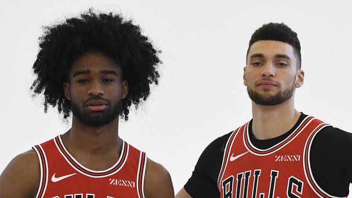 Sep 30, 2019; Chicago, IL, USA; Chicago Bulls guard Zach LaVine (8) and guard Coby White (0) pose for photos during Chicago Bulls media day at the Advocate Center. Mandatory Credit: David Banks-Imagn Images