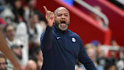 Dec 5, 2025; Detroit, Michigan, USA;  Detroit Pistons head coach J.B. Bickerstaff argues a call with the officials in the first quarter of their game against the Portland Trail Blazers at Little Caesars Arena. Mandatory Credit: Lon Horwedel-Imagn Images