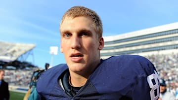 Nov 16, 2013; University Park, PA, USA; Penn State Nittany Lions tight end Adam Breneman (81) jogs off the field following the game against the Purdue Boilermakers at Beaver Stadium.  Penn State defeated Purdue  45-21.  Mandatory Credit: Rich Barnes-Imagn Images