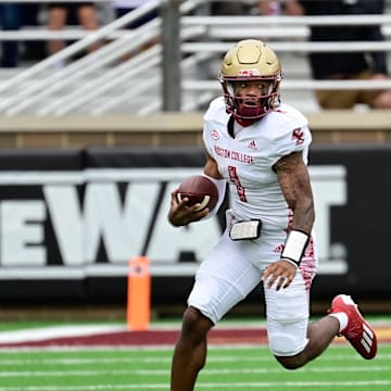 Sep 16, 2023; Chestnut Hill, Massachusetts, USA; Boston College Eagles quarterback Thomas Castellanos (1) runs the ball during the first half against the Florida State Seminoles at Alumni Stadium. Mandatory Credit: Eric Canha-Imagn Images