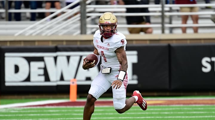 Sep 16, 2023; Chestnut Hill, Massachusetts, USA; Boston College Eagles quarterback Thomas Castellanos (1) runs the ball during the first half against the Florida State Seminoles at Alumni Stadium. Mandatory Credit: Eric Canha-Imagn Images