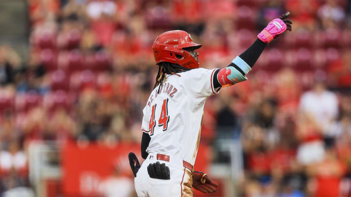 Cincinnati Reds shortstop Elly De La Cruz (44) reacts after hitting a double in the fifth inning against the St. Louis Cardinals at Great American Ball Park on Aug 12.