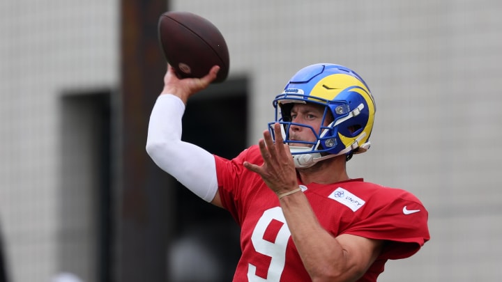 Aug 1, 2024; Los Angeles, CA, USA;  Los Angeles Rams quarterback Matthew Stafford (9) throws a ball during training camp at Loyola Marymount University. Mandatory Credit: Kiyoshi Mio-USA TODAY Sports