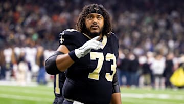 Nov 5, 2023; New Orleans, Louisiana, USA;  New Orleans Saints guard Max Garcia (73) looks on against the Chicago Bears during the first half at the Caesars Superdome. Mandatory Credit: Stephen Lew-Imagn Images