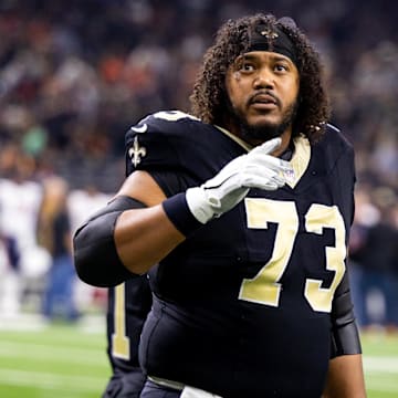 Nov 5, 2023; New Orleans, Louisiana, USA;  New Orleans Saints guard Max Garcia (73) looks on against the Chicago Bears during the first half at the Caesars Superdome. Mandatory Credit: Stephen Lew-Imagn Images