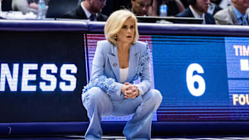 Mar 22, 2025; Baton Rouge, Louisiana, USA;  LSU Lady Tigers head coach Kim Mulkey looks on against the San Diego State Aztecs during the first half at Pete Maravich Assembly Center. Mandatory Credit: Stephen Lew-Imagn Images