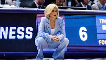 Mar 22, 2025; Baton Rouge, Louisiana, USA;  LSU Lady Tigers head coach Kim Mulkey looks on against the San Diego State Aztecs during the first half at Pete Maravich Assembly Center. Mandatory Credit: Stephen Lew-Imagn Images