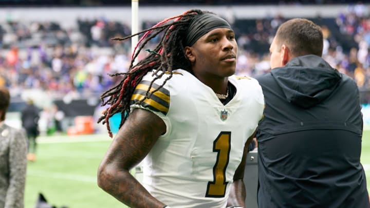 Oct 2, 2022;  London, United Kingdom;   New Orleans Saints wide receiver Marquez Callaway (1) leaves the field after warmups for the NFL International Series game at Tottenham Hotspur Stadium. Mandatory Credit: Peter van den Berg-USA TODAY Sports