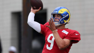 Aug 1, 2024; Los Angeles, CA, USA;  Los Angeles Rams quarterback Matthew Stafford (9) throws a ball during training camp at Loyola Marymount University. Mandatory Credit: Kiyoshi Mio-USA TODAY Sports