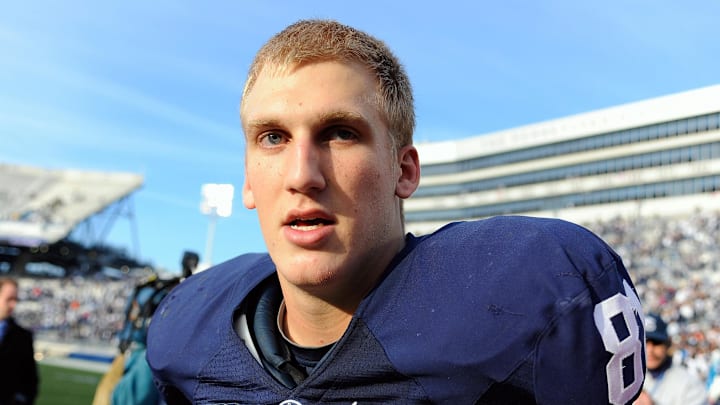 Nov 16, 2013; University Park, PA, USA; Penn State Nittany Lions tight end Adam Breneman (81) jogs off the field following the game against the Purdue Boilermakers at Beaver Stadium.  Penn State defeated Purdue  45-21.  Mandatory Credit: Rich Barnes-Imagn Images