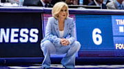 Mar 22, 2025; Baton Rouge, Louisiana, USA;  LSU Lady Tigers head coach Kim Mulkey looks on against the San Diego State Aztecs during the first half at Pete Maravich Assembly Center. Mandatory Credit: Stephen Lew-Imagn Images