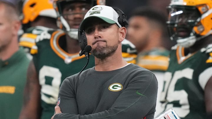 Sep 6, 2024; Sao Paulo, BRA; Green Bay Packers head coach Matt LaFleur during the second half against the Philadelphia Eagles at Neo Quimica Arena. Mandatory Credit: Kirby Lee-Imagn Images