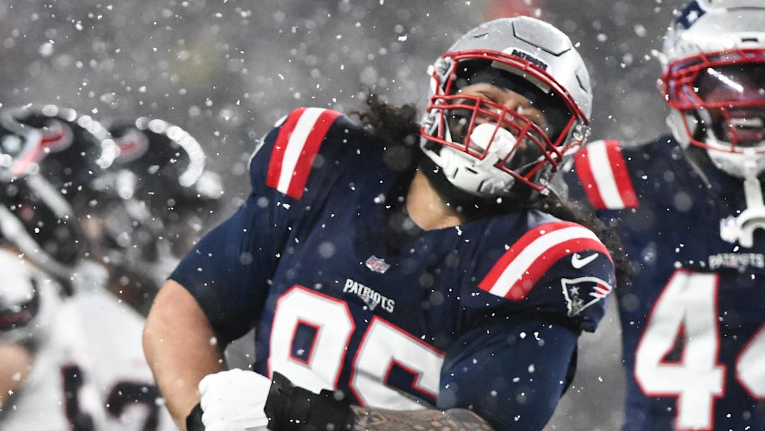 Jan 18, 2026; Foxborough, MA, USA; New England Patriots defensive lineman Khyiris Tonga (95) celebrates a sack in the fourth quarter against the New England Patriots in an AFC Divisional Round game at Gillette Stadium. Mandatory Credit: Brian Fluharty-Imagn Images