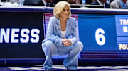 Mar 22, 2025; Baton Rouge, Louisiana, USA;  LSU Lady Tigers head coach Kim Mulkey looks on against the San Diego State Aztecs during the first half at Pete Maravich Assembly Center. Mandatory Credit: Stephen Lew-Imagn Images
