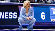 Mar 22, 2025; Baton Rouge, Louisiana, USA;  LSU Lady Tigers head coach Kim Mulkey looks on against the San Diego State Aztecs during the first half at Pete Maravich Assembly Center. Mandatory Credit: Stephen Lew-Imagn Images