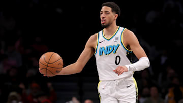 Jan 6, 2025; Brooklyn, New York, USA; Indiana Pacers guard Tyrese Haliburton (0) controls the ball against the Brooklyn Nets during the second quarter at Barclays Center. Mandatory Credit: Brad Penner-Imagn Images