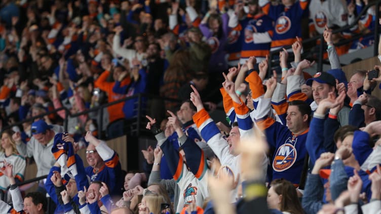 Mar 24, 2019; Uniondale, NY, USA; New York Islanders fans celebrate after an Islanders goal against the Arizona Coyotes during the third period at Nassau Veterans Memorial Coliseum. Mandatory Credit: Brad Penner-USA TODAY Sports