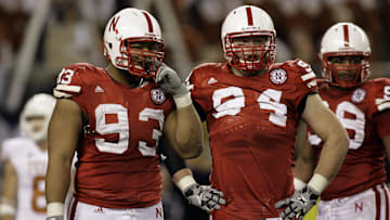 Dec 5, 2009; Arlington, TX, USA; Nebraska Cornhuskers defensive tackle Ndamukong Suh (93) and defensive tackle Jared Crick (94) in action against the Texas Longhorns in the fourth quarter of the 2009 Big 12 championship game at Cowboys Stadium. Texas defeated Nebraska 13-12.  Mandatory Credit: Brett Davis-Imagn Images