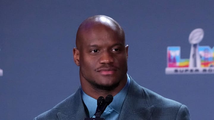 Seattle Seahawks running back Kenneth Walker III speaks during the Super Bowl LX