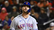 Apr 9, 2022; Washington, District of Columbia, USA; New York Mets first baseman Pete Alonso (20) reacts after striking out against the Washington Nationals during the seventh inning at Nationals Park. Mandatory Credit: Brad Mills-Imagn Images