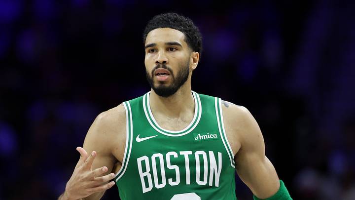 Apr 30, 2026; Philadelphia, Pennsylvania, USA; Boston Celtics forward Jayson Tatum (0) reacts to his score against the Philadelphia 76ers during the second quarter at Xfinity Mobile Arena. Mandatory Credit: Bill Streicher-Imagn Images