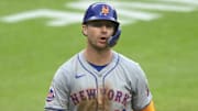 May 20, 2024; Cleveland, Ohio, USA; New York Mets first baseman Pete Alonso (20) reacts after striking out in the eighth inning against the Cleveland Guardians at Progressive Field. Mandatory Credit: David Richard-Imagn Images