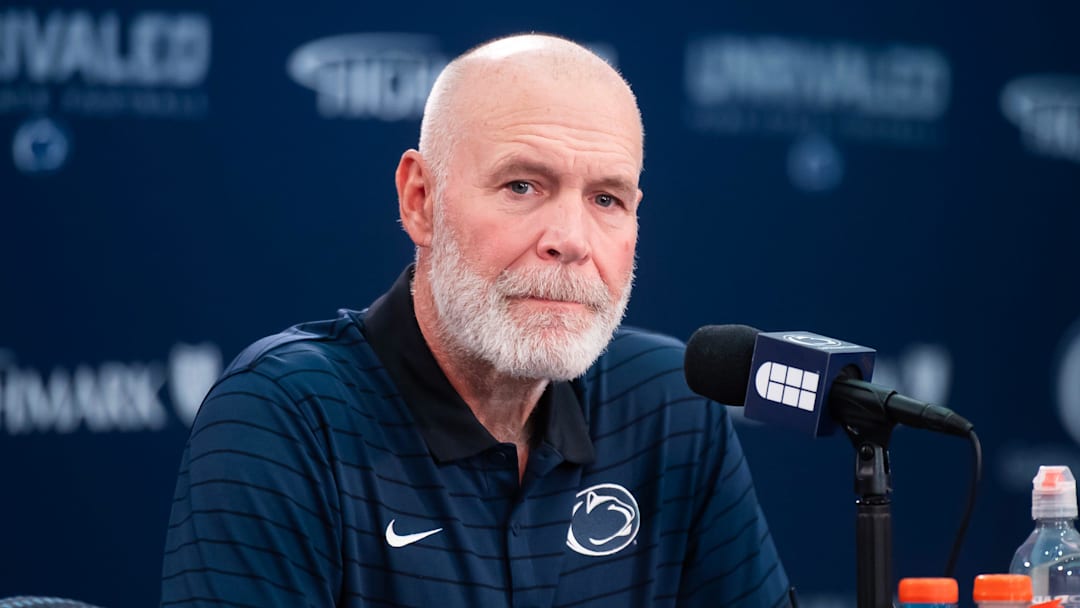 Penn State first-year defensive coordinator Jim Knowles talks with reporters during football media day in Beaver Stadium on Saturday, August 3, 2024, in State College. Penn State first-year defensive coordinator Jim Knowles talks with reporters during football media day in Beaver Stadium on Saturday, August 3, 2024, in State College.