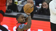 Toronto Raptors guard Jamal Shead shoots in the third quarter against the Cleveland Cavaliers.