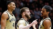 Purdue Boilermakers forward Trey Kaufman-Renn (4), guard Braden Smith (3) and guard C.J. Cox (0) 