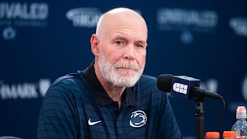 Penn State first-year defensive coordinator Jim Knowles talks with reporters during football media day in Beaver Stadium on Saturday, August 3, 2024, in State College.