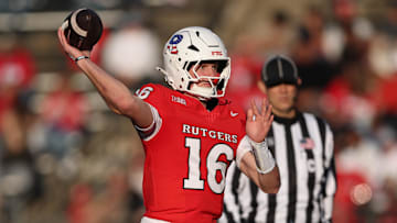 Nov 8, 2025; Piscataway, New Jersey, USA; Rutgers Scarlet Knights quarterback Athan Kaliakmanis (16) throws the ball during the first half against the Maryland Terrapins at SHI Stadium. Credit: Vincent Carchietta-Imagn Images