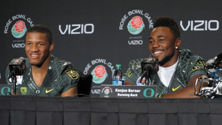 Dec 29, 2011; Los Angeles, CA, USA; Oregon Ducks running backs LaMichael James (left) and Kenjon Barner at press conference for the 2012 Rose Bowl at the Marriott Los Angeles Downtown. Mandatory Credit: Kirby Lee/Image of Sport-USA TODAY Sports