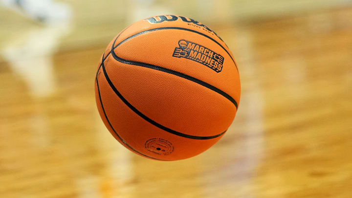 Mar 22, 2025; Lexington, KY, USA; The game ball bounces on the court during the first half between the Tennessee Volunteers and the UCLA Bruins in the second round of the NCAA Tournament at Rupp Arena. Mandatory Credit: Aaron Doster-Imagn Images