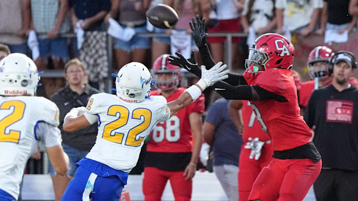 Stillwater catches a pass during the high school football game between Carl Albert and Stillwater at Carl Albert High School in Midwest City, Oklahoma, Friday, Sept. 19, 2025. Stillwater catches a pass during the high school football game between Carl Albert and Stillwater at Carl Albert High School in Midwest City, Oklahoma, Friday, Sept. 19, 2025.