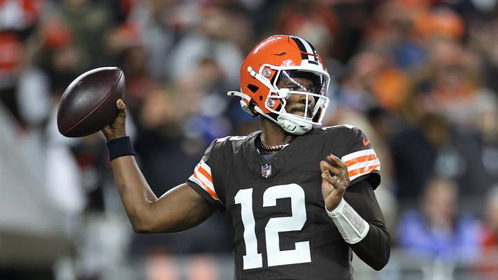 Nov 16, 2025; Cleveland, Ohio, USA; Cleveland Browns quarterback Shedeur Sanders (12) throws downfield during the fourth quarter against the Baltimore Ravens at Huntington Bank Field. Mandatory Credit: Scott Galvin-Imagn Images