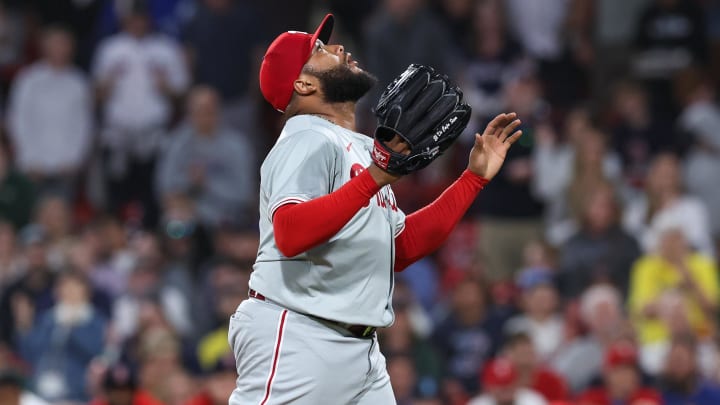 Jun 11, 2024; Boston, Massachusetts, USA; Philadelphia Phillies relief pitcher Jose Alvarado (46) reacts after defeating the Boston Red Sox at Fenway Park. 