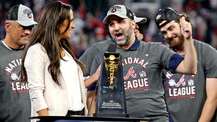 Oct 23, 2021; Cumberland, Georgia, USA; Atlanta Braves general manager Alex Anthopoulos celebrates after the Atlanta Braves beat the Los Angeles Dodgers in game six of the 2021 NLCS to advance to the World Series at Truist Park. Mandatory Credit: Brett Davis-USA TODAY Sports