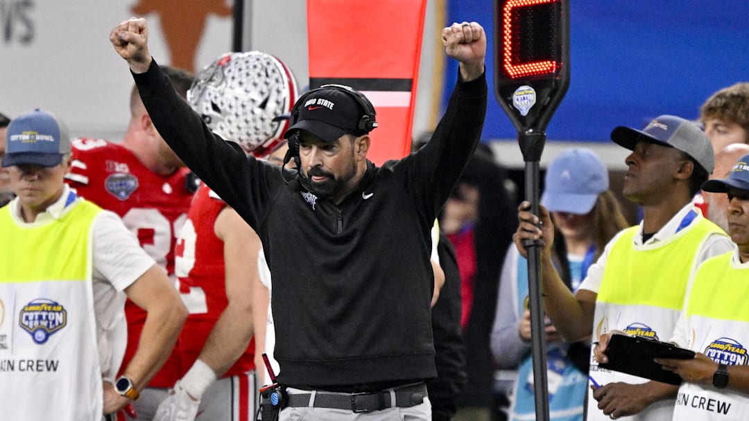 Jan 10, 2025; Arlington, TX, USA;  Ohio State Buckeyes head coach Ryan Day celebrates during the game against the Texas Longhorns at AT&T Stadium. Mandatory Credit: Jerome Miron-Imagn Images