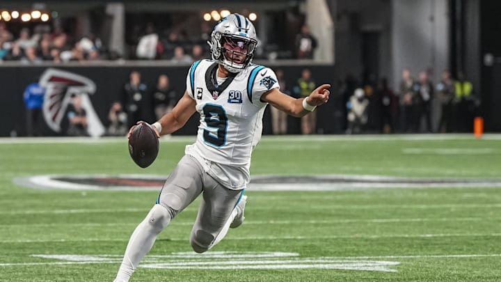 Jan 5, 2025; Atlanta, Georgia, USA; Carolina Panthers quarterback Bryce Young (9) runs for a touchdown against the Atlanta Falcons during the second half at Mercedes-Benz Stadium. Mandatory Credit: Dale Zanine-Imagn Images Jan 5, 2025; Atlanta, Georgia, USA; Carolina Panthers quarterback Bryce Young (9) runs for a touchdown against the Atlanta Falcons during the second half at Mercedes-Benz Stadium. Mandatory Credit: Dale Zanine-Imagn Images