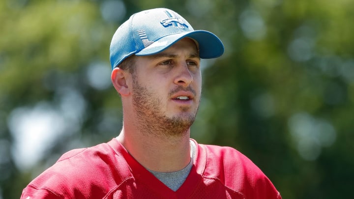 Detroit Lions quarterback Jared Goff (16) walks off the field after practice during OTAs at Detroit Lions headquarters and training facility in Allen Park on Thursday, May 30, 2024.