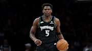 Nov 30, 2025; Minneapolis, Minnesota, USA; Minnesota Timberwolves guard Anthony Edwards (5) dribbles the ball against the San Antonio Spurs during the second half at Target Center. Mandatory Credit: Matt Krohn-Imagn Images